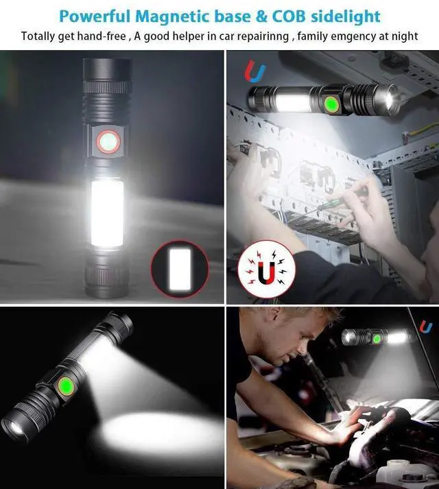 Alt view image 17 of 20 - Flashlight USB Rechargeable, Magnetic LED Flashlight, Super Bright LED Tactical Flashlight with Cob Sidelight, Waterproof, Zoomable Best Small LED Flashlight for Camping, Emergency Flashlights