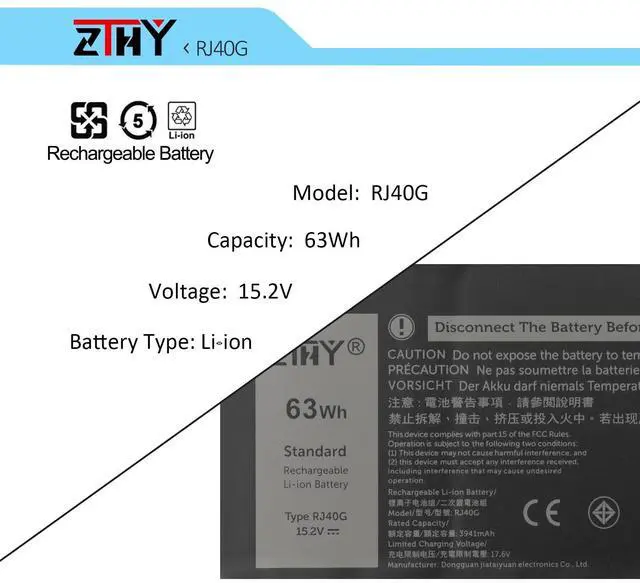 Alt view image 17 of 20 - RJ40G 4-Cell 63Wh Laptop Battery - Replacement for Dell Latitude 14 5420 Latitude 15 5520 Precision 15 3560 Series P137G P104F P104F001 P104F002 075X16 1K2CF WY9DX 0WK3F1 0M3KCN 005R42 M033W 15.2V