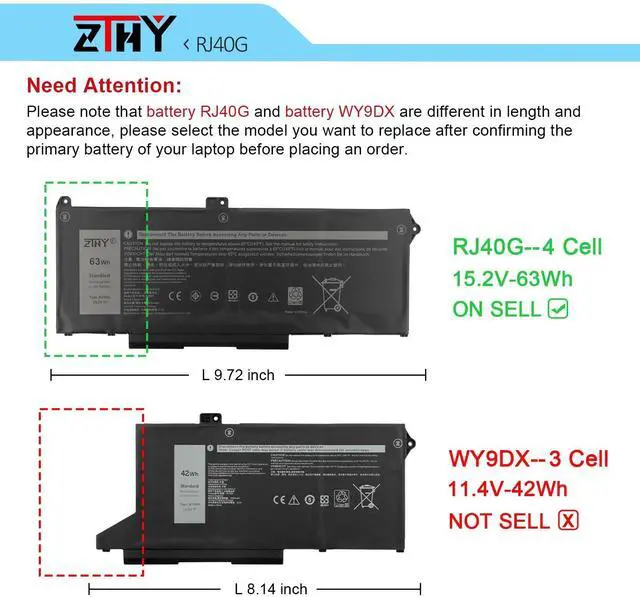 Alt view image 18 of 20 - RJ40G 4-Cell 63Wh Laptop Battery - Replacement for Dell Latitude 14 5420 Latitude 15 5520 Precision 15 3560 Series P137G P104F P104F001 P104F002 075X16 1K2CF WY9DX 0WK3F1 0M3KCN 005R42 M033W 15.2V