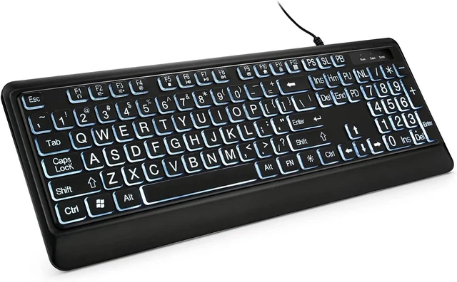 Alt view image 8 of 14 - Large Print Backlit Keyboard, Quiet USB Wired Computer Keyboard, Full Size Keyboard with White Illuminated LED Compatible for Windows Desktop, Laptop, PC, Gaming, Black