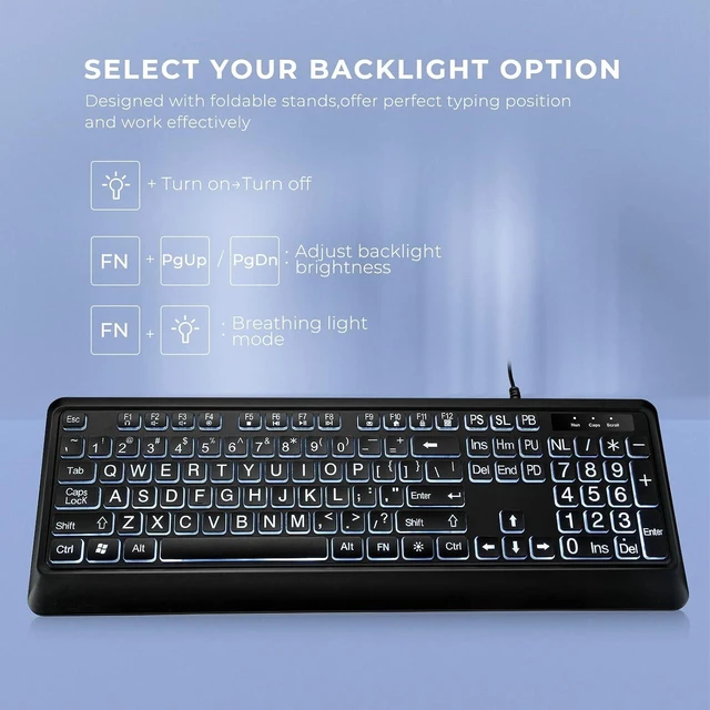 Alt view image 11 of 14 - Large Print Backlit Keyboard, Quiet USB Wired Computer Keyboard, Full Size Keyboard with White Illuminated LED Compatible for Windows Desktop, Laptop, PC, Gaming, Black