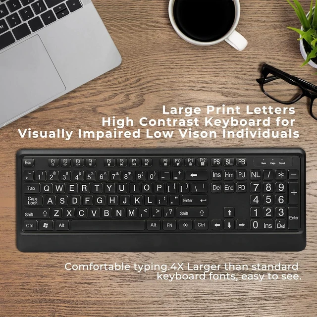 Alt view image 9 of 14 - Large Print Backlit Keyboard, Quiet USB Wired Computer Keyboard, Full Size Keyboard with White Illuminated LED Compatible for Windows Desktop, Laptop, PC, Gaming, Black
