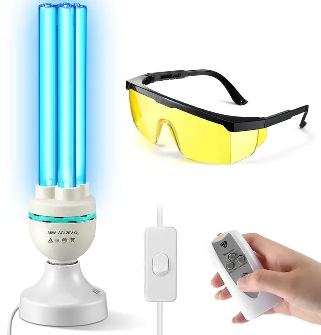 Alt view image 8 of 14 - 36 Watts UVC Ozone Light with Remote Control and UV Glasses, UV Lamp with E26 Base, 3 Gear Timer 15/30/60 Minutes, UVC Light Bulb for Basement, Bedroom, Kitchen, Storehouse, Car