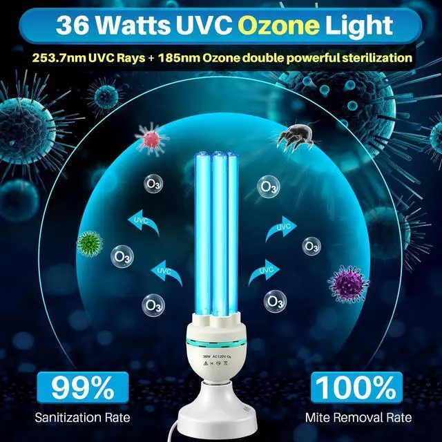 Alt view image 9 of 14 - 36 Watts UVC Ozone Light with Remote Control and UV Glasses, UV Lamp with E26 Base, 3 Gear Timer 15/30/60 Minutes, UVC Light Bulb for Basement, Bedroom, Kitchen, Storehouse, Car