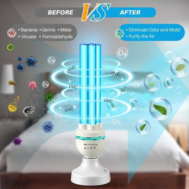 Alt view image 11 of 14 - 36 Watts UVC Ozone Light with Remote Control and UV Glasses, UV Lamp with E26 Base, 3 Gear Timer 15/30/60 Minutes, UVC Light Bulb for Basement, Bedroom, Kitchen, Storehouse, Car