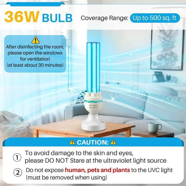 Alt view image 14 of 14 - 36 Watts UVC Ozone Light with Remote Control and UV Glasses, UV Lamp with E26 Base, 3 Gear Timer 15/30/60 Minutes, UVC Light Bulb for Basement, Bedroom, Kitchen, Storehouse, Car