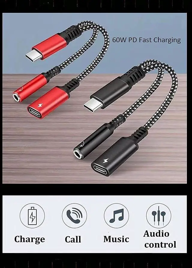 Alt view image 9 of 12 - USB C to 3.5mm Audio Adapter 2-in-1 Splitter with PD Charger Cable Type C to 3.5 mm Aux Jack Headphones Cord and 60W Fast Charging Port Wire (Black)
