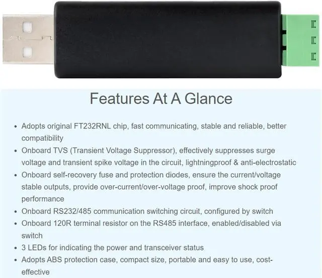 Alt view image 12 of 14 - USB to RS485 or RS232 Serial Converter Adapter Onboard Original FT232RNL Chip built-in self-recovering fuse TVS protection circuit etc. Compatible with Mac Linux Android Win11/10/ 8.1/8/7