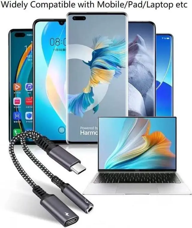 Alt view image 10 of 12 - USB C to 3.5mm Audio Adapter 2-in-1 Splitter with PD Charger Cable Type C to 3.5 mm Aux Jack Headphones Cord and 60W Fast Charging Port Wire (Black)