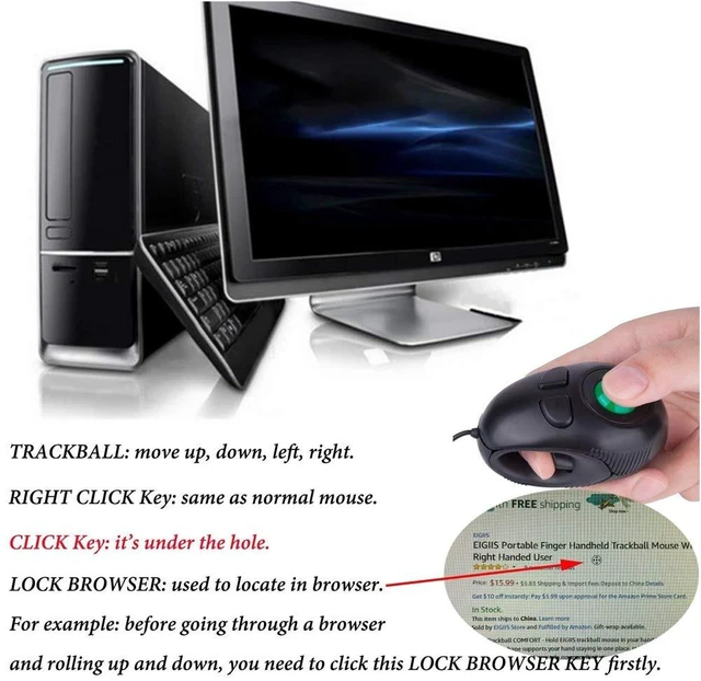 Alt view image 5 of 7 - Wired Handheld Trackball Mouse (USB-A Plug), Off-Table Thumb Controlled Finger Mice for PC/Laptop, Ambidextrous Ergonomic Design