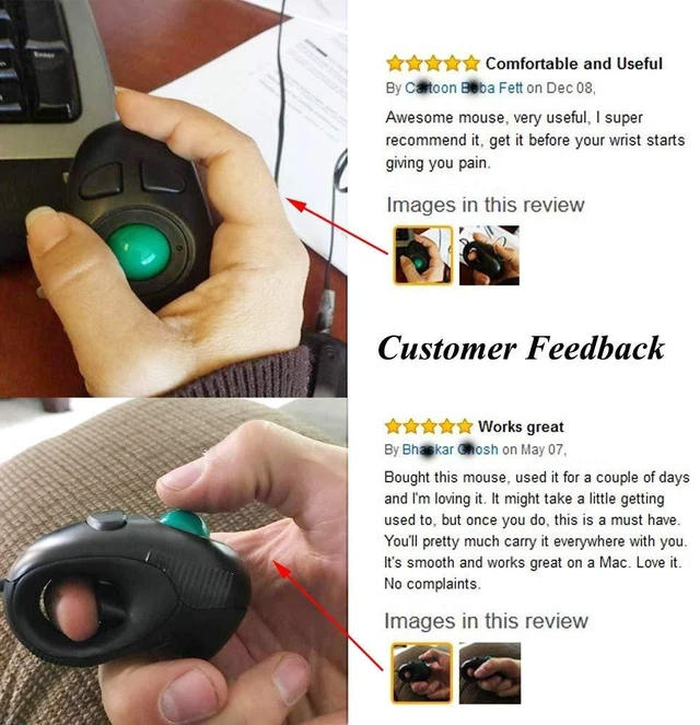 Alt view image 4 of 7 - Wired Handheld Trackball Mouse (USB-A Plug), Off-Table Thumb Controlled Finger Mice for PC/Laptop, Ambidextrous Ergonomic Design