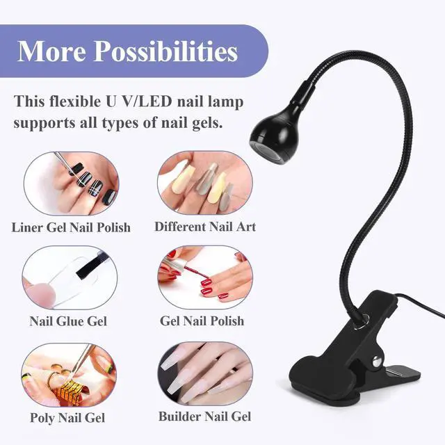 Alt view image 14 of 14 - UV Nail Lamp: Gooseneck LED Nail Flash Cure Lamp for Nails lampara uv/led para uñas de gel with Securing Clip LED Flash Cure Light Manicure Home DIY UV Light for Gel Polish Nail Lamp