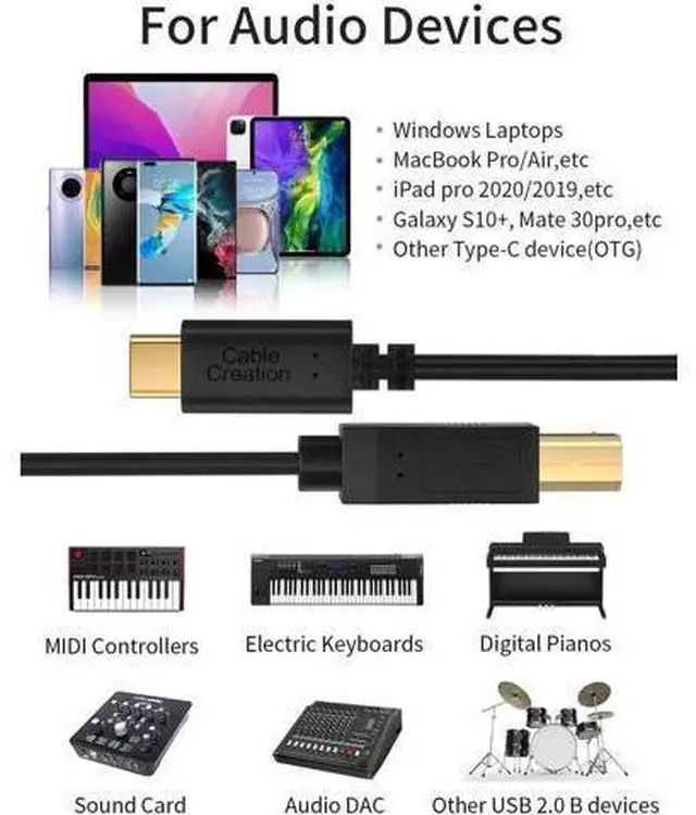Alt view image 10 of 14 - 10FT (3M) USB-C to USB-B Cable, Black Cord for Printers, Scanners, MIDI Digital Pianos & DJ Controllers