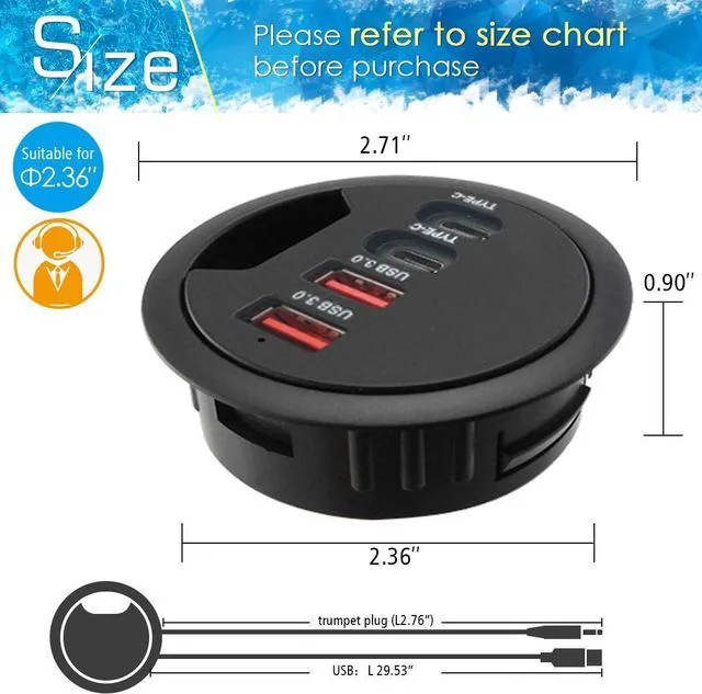 Alt view image 9 of 14 - Grommet Desk-Fit USB 3.0 Hub (Diameter 2.36 or 60MM) 2 Port Type A&2 Port Type C Compatible Charging and Data Transmission Includes 5V/2A Power Adapter