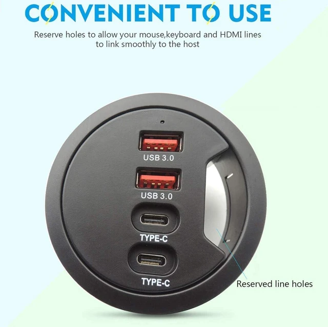Alt view image 12 of 14 - Grommet Desk-Fit USB 3.0 Hub (Diameter 2.36 or 60MM) 2 Port Type A&2 Port Type C Compatible Charging and Data Transmission Includes 5V/2A Power Adapter
