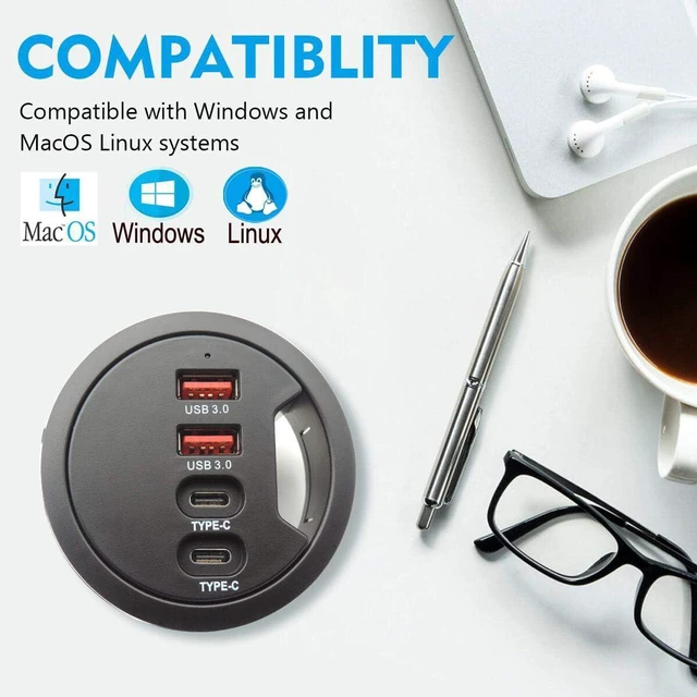 Alt view image 14 of 14 - Grommet Desk-Fit USB 3.0 Hub (Diameter 2.36 or 60MM) 2 Port Type A&2 Port Type C Compatible Charging and Data Transmission Includes 5V/2A Power Adapter