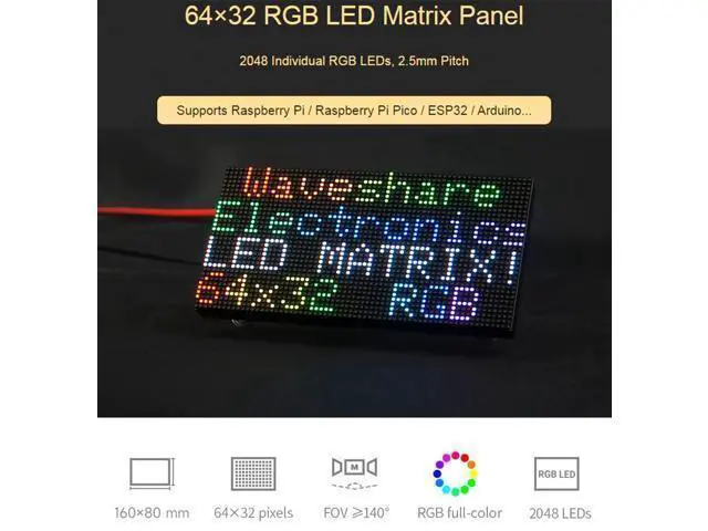 Alt view image 9 of 14 - RGB Full-Color LED Matrix Panel 64x32 Pixels, 2.5mm Pitch, 2048 Individual RGB LEDs, Adjustable Brightness, Support Raspberry Pi/Raspberry Pi Pico/ESP32/Ardu, Display Text, Colorful Image/Animation
