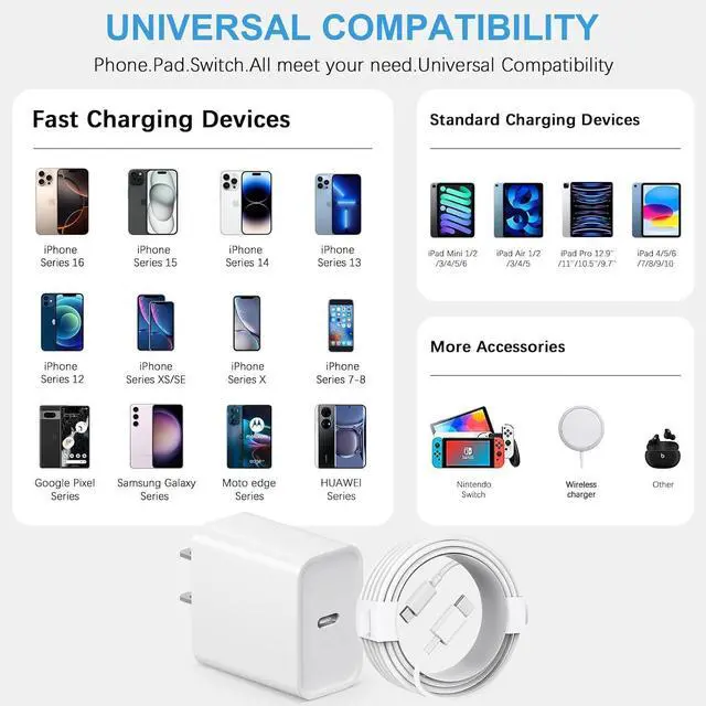 Alt view image 11 of 14 - iPhone 16 15 Charger Fast Charging Type C Charger USB C Charger Block iPhone 16 Charger with 2 Pack 6FT Cable for iPhone 16/16 Plus/16 Pro/16 Pro Max/iPhone 15/15 Pro Max/iPad Pro/AirPods