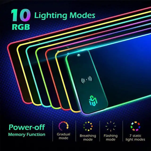 Alt view image 10 of 14 - Wireless Charging RGB Gaming Mouse Pad 15W LED Mouse Mat 800x300x4MM 10 Light Modes Extra Large Mousepad Non-Slip Rubber Base Computer Keyboard Mat for Gaming MacBook PC Laptop Desk