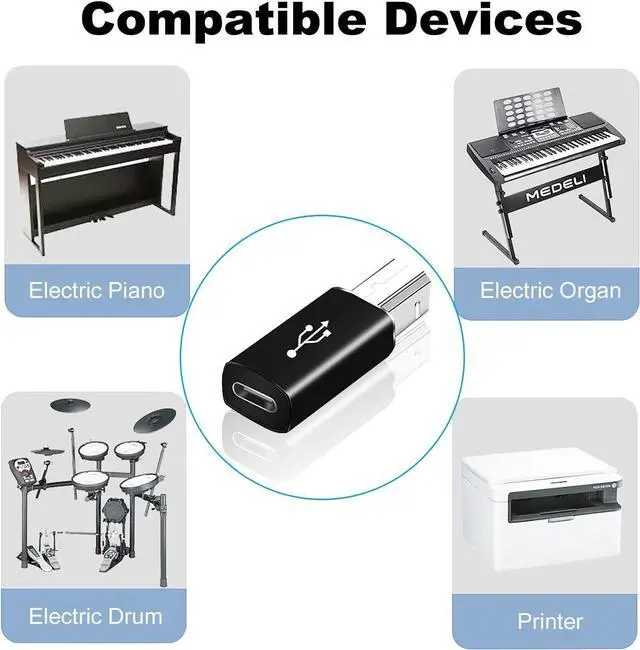 Alt view image 6 of 8 - 2 Pack USB B to USB C Adapter Type C Female to MIDI Converter Compatible with Printer Electric Piano Laptops and More Type-C Devices