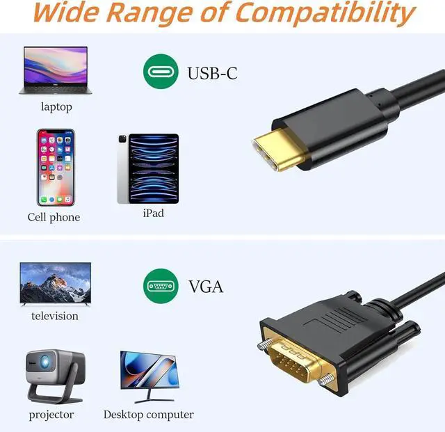 Alt view image 10 of 10 - USB C to VGA Cable 3ft VGA to USB C Cable for Monitor Type-C to VGA Cable USB C to VGA Cable Compatible with MacBook Pro/Air iPad Pro Phone Laptop Projector