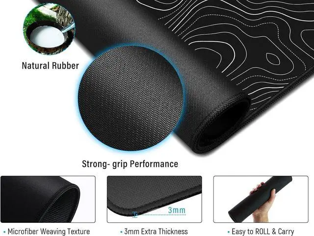 Alt view image 11 of 14 - Black Topographic Large Gaming Mouse Pad XXL Mousepad Big Mouse Mat Desk Pad for Keyboard and Mouse Gaming Computer Laptop PC Desk Office Accessories