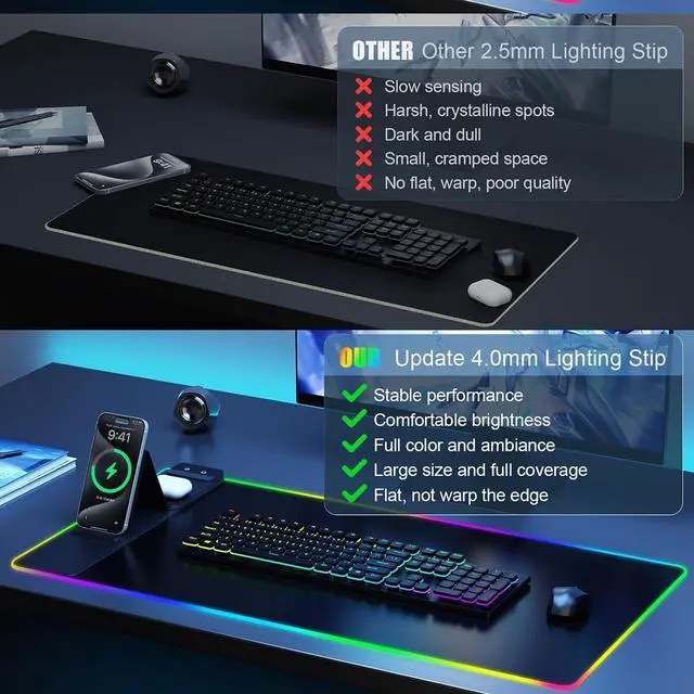 Alt view image 14 of 14 - Mouse Pad with Phone Holder Wireless Charging Desk Mat RGB Gaming Mousepad Home Office Large Desk Pad with Ultra-Smooth Surface Non-Slip Base Waterproof Keyboard Pad Classic Black Desk Mat