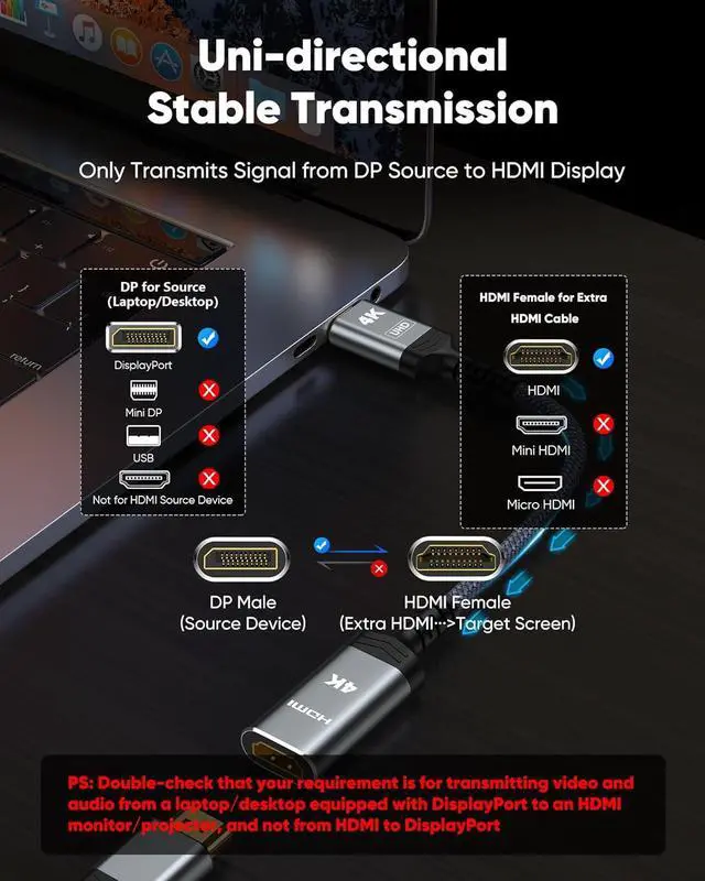 Alt view image 13 of 14 - 4K Display Port to HDMI Adapter Uni-Directional DP 1.2 Computer to HDMI 2.0 Screen Display Port to HDMI Adapter (Male to Female) SR Anti-Break No Latch for HP AMD NVIDIA Passive