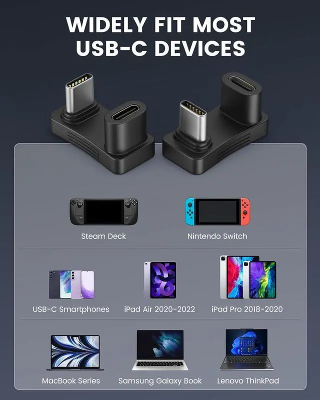 Alt view image 13 of 14 - 180 Degree Angle USB C Adapter 2 Pack U Shape USB-C Male to USB-C Female Adapter Connector with PD 100W/10Gbps USB-C 180 Angle Extender for Steam Deck/Switch/iPhone 15 Series/Laptop/Tablet