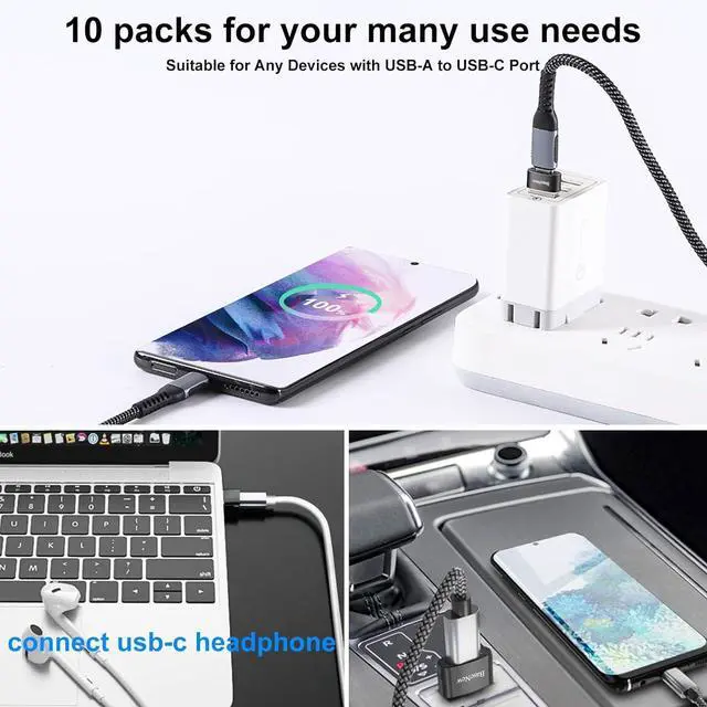 Alt view image 12 of 14 - USB to USB C Adapter 10 Pack USB to USBC Adapter USB to USBC-C Adapter USB C Adapter USB A to USB C Adapter USB to USB C Converter for iPhone 15/14/13 Pro iPad Air AirPods and More Black+Grey