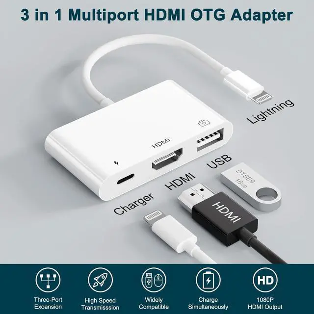 Alt view image 9 of 14 - HDMI Adapter 3 in 1 USB Camera Adapter with 1080P Digital AV HDMI Adapter + Charging Splitter Support USB Flash Drive MIDI Keyboard Mouse Ethernet Adapter