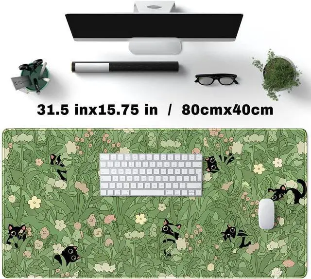 Alt view image 9 of 14 - Green Desk Mat XL Cat Cute Plant Cool Desk Pad Keyboard Mat Kawaii Black Cat Flower Mouse Pad Green Desk Mat Desk Decor with Stitched Edges Non-Slip Large Computer Mat 31.5x15.7in