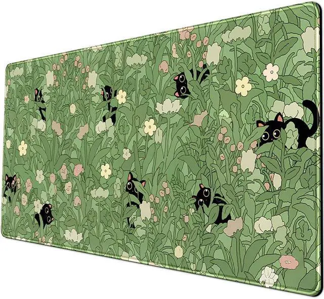 Alt view image 12 of 14 - Green Desk Mat XL Cat Cute Plant Cool Desk Pad Keyboard Mat Kawaii Black Cat Flower Mouse Pad Green Desk Mat Desk Decor with Stitched Edges Non-Slip Large Computer Mat 31.5x15.7in