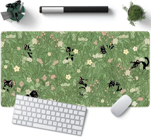 Alt view image 8 of 14 - Green Desk Mat XL Cat Cute Plant Cool Desk Pad Keyboard Mat Kawaii Black Cat Flower Mouse Pad Green Desk Mat Desk Decor with Stitched Edges Non-Slip Large Computer Mat 31.5x15.7in