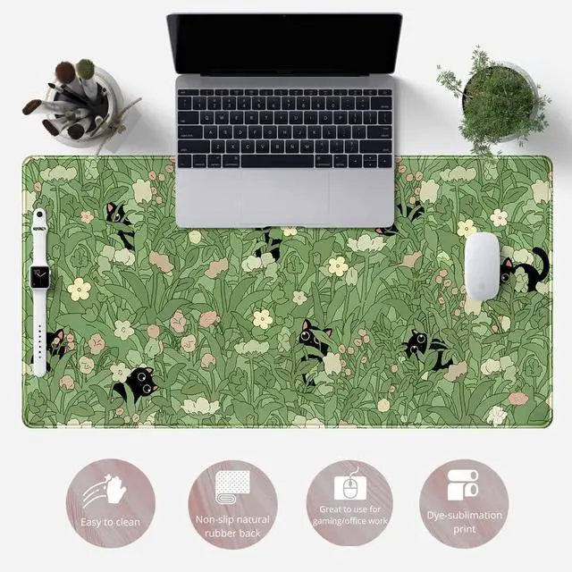 Alt view image 13 of 14 - Green Desk Mat XL Cat Cute Plant Cool Desk Pad Keyboard Mat Kawaii Black Cat Flower Mouse Pad Green Desk Mat Desk Decor with Stitched Edges Non-Slip Large Computer Mat 31.5x15.7in