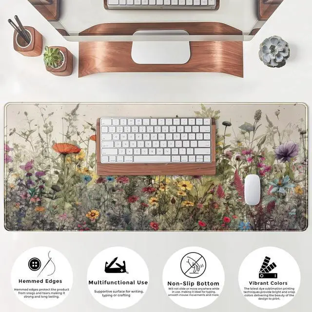 Alt view image 11 of 14 - Watercolor Flowers Desk Mat Floral Boho XL Mouse Pad Large Mousepad Extended Vintage Aesthetic Laptop Keyboard Mat Cute Gaming Desk Pad Mouse Mat 31.5x11.8 Office Desk Decor for Women