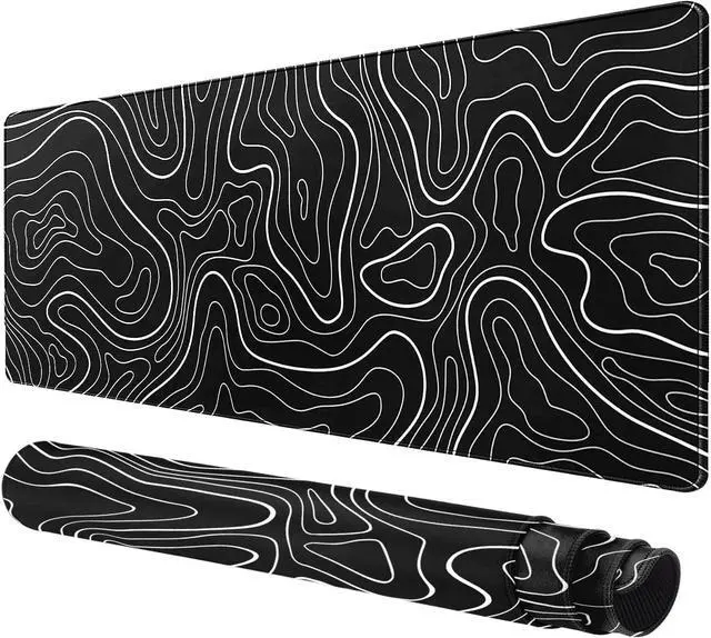 Alt view image 8 of 14 - Large Mouse Pad for Desk - Gaming Mouse Pad with Stitched Edges Natural Rubber Anti-Slip Base Minimalist Black Topographic Contour Mouse Pad Desk Mat(23.6x11.8 inch)