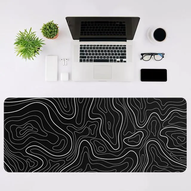 Alt view image 14 of 14 - Large Mouse Pad for Desk - Gaming Mouse Pad with Stitched Edges Natural Rubber Anti-Slip Base Minimalist Black Topographic Contour Mouse Pad Desk Mat(23.6x11.8 inch)