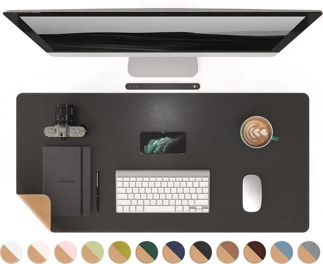 Alt view image 8 of 14 - Dual-Sided Mouse Pad Natural Cork & PU Leather Large Desk Pad for Office and Home Work Desk Protector Non-Slip Waterproof Easy Clean (Black 36x17)