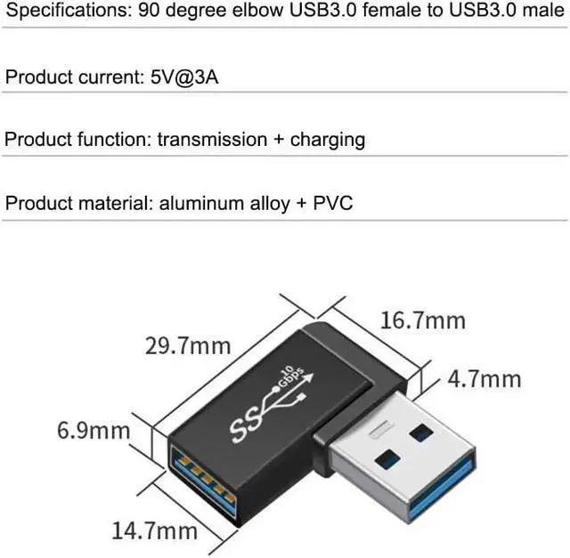 Alt view image 10 of 10 - 90 Degree Right Angle USB 3.0 Male to Female Expansion Adapter for Connecting Mobile Hard Disk U Disk Wireless Network Card Camera Mouse Keyboard etc. - Black 2pack