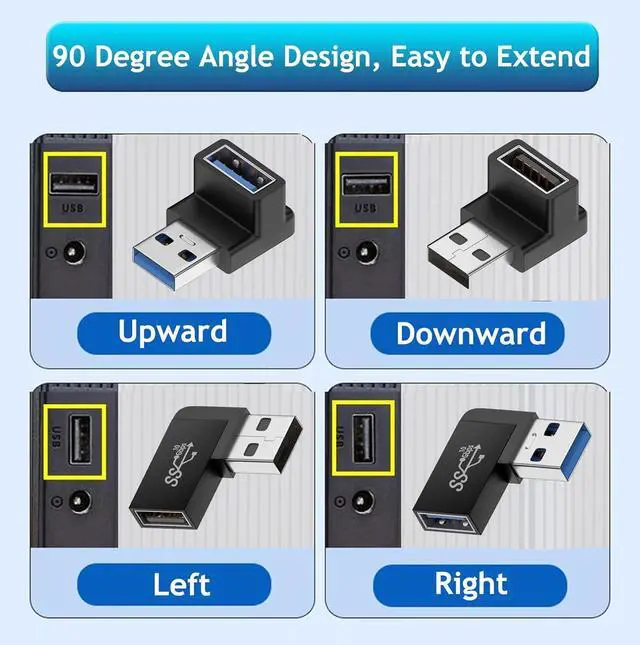 Alt view image 9 of 14 - 90 Degree USB 3.0 Male to Female Adapter (4 Pack) Up and Down & Left and Right Angle USB A Extender Connector for PC Laptop Hard Drive Keyboard USB A Charger Power Bank