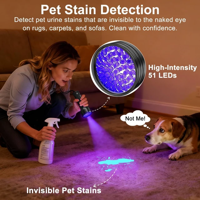 Alt view image 9 of 14 - UV Flashlight Black Light, 51 LED Blacklight Pet Urine Detector for Dog/Cat Urine, Dry Stains, Bed Bug, Resin Curing, Scorpions Finder