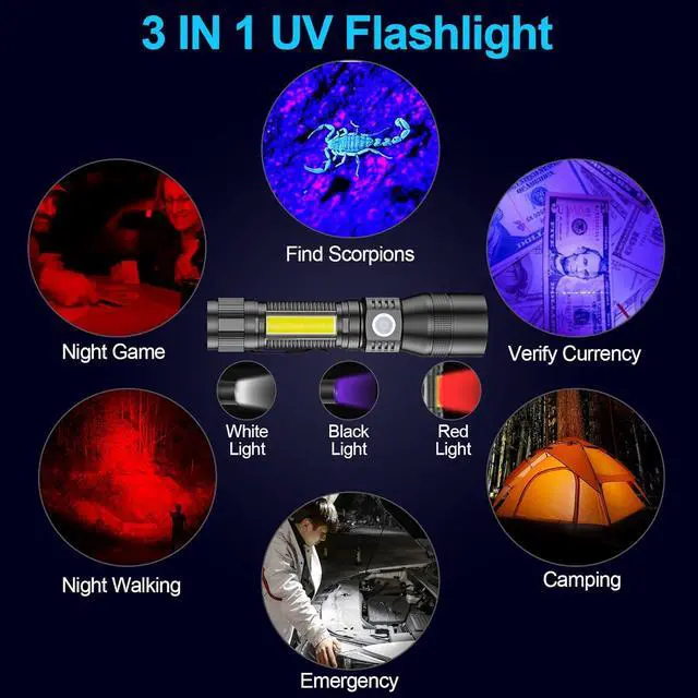 Alt view image 9 of 14 - UV Flashlight Black Light, 2 Pack 3 in 1 Super Bright Small Rechargeable Flashlights 1200 High Lumens, 7 Modes, Waterproof Magnetic LED Pocket Flash Light for Pet Urine Detection