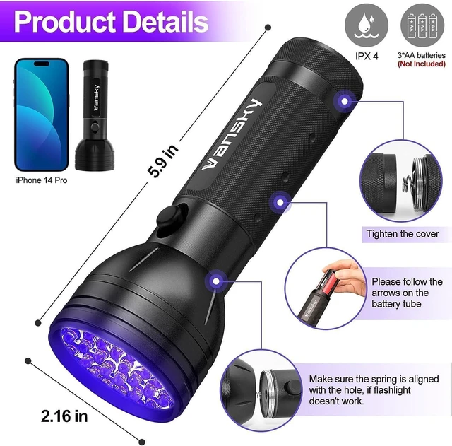 Alt view image 13 of 14 - UV Flashlight Black Light, 51 LED Blacklight Pet Urine Detector for Dog/Cat Urine, Dry Stains, Bed Bug, Resin Curing, Scorpions Finder