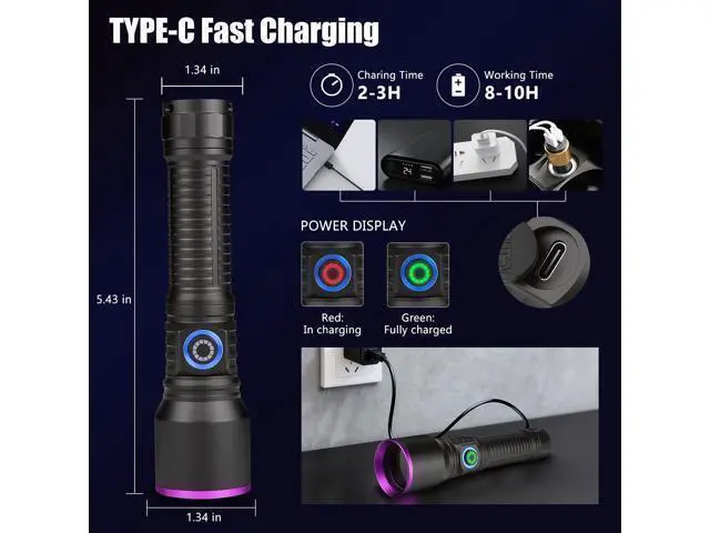 Alt view image 10 of 14 - 365nm UV Flashlight Black Light Rechargeable, Powerful Blacklight Flashlights, Portable UV Light for Pet Urine Detection, Resin Curing, Rocks, Bed Bugs, Scorpion, Yooperlite, Uranium Glass, AC Leak