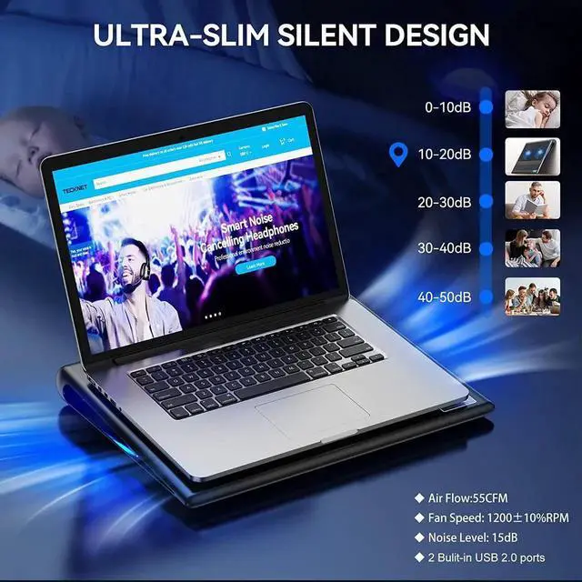 Alt view image 9 of 14 - Laptop Cooling Pad, Portable Ultra-Slim Quiet Laptop Notebook Cooler Cooling Pad Stand with 2 USB Powered Fans, Fits 12-16 Inches (Blue)