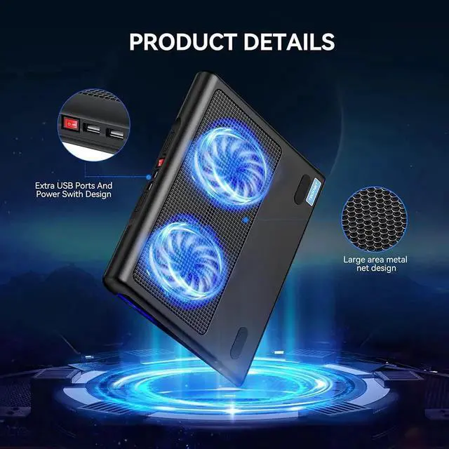 Alt view image 11 of 14 - Laptop Cooling Pad, Portable Ultra-Slim Quiet Laptop Notebook Cooler Cooling Pad Stand with 2 USB Powered Fans, Fits 12-16 Inches (Blue)