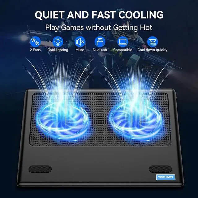 Alt view image 12 of 14 - Laptop Cooling Pad, Portable Ultra-Slim Quiet Laptop Notebook Cooler Cooling Pad Stand with 2 USB Powered Fans, Fits 12-16 Inches (Blue)