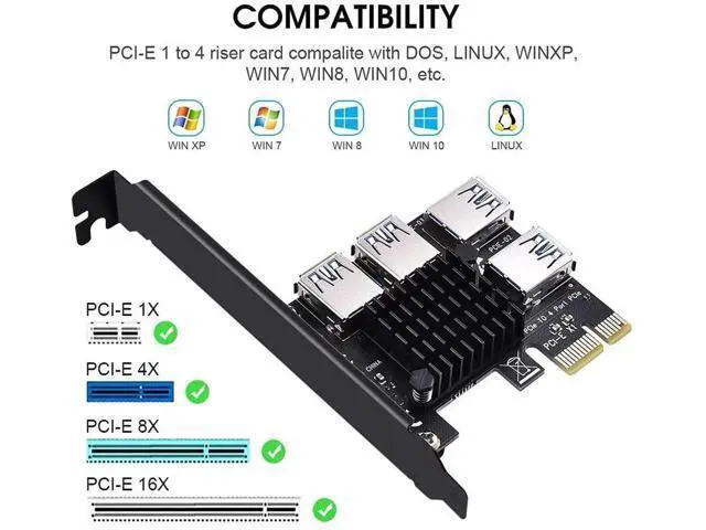 Alt view image 10 of 14 - Aomoproing PCIE 1 to 4 Ports PCI Express 16X Slots Riser Card USB 3.0 PCI-E Adapter Board Multiplier Port GPU Extender Miner Riser Card for BTC Bitcoin Miner Mining