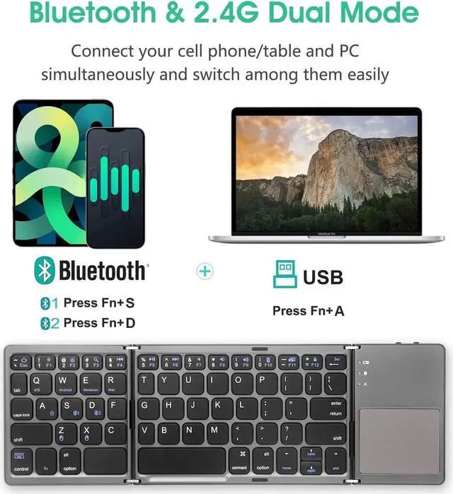 Alt view image 11 of 14 - Multi-Device Foldable Bluetooth Keyboard with Touchpad Rechargeable Dual-Mode(2.4G+BTx2) Wireless Keyboard with Holder, Portable Ultra Slim Folding Keyboard for Android Windows iOS Mac OS
